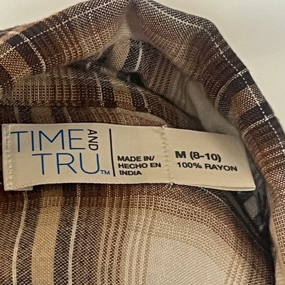 Plaid, brown, tan/cream button down shirt Time and Tru, size Medium (8-10), - Picture 5 of 5